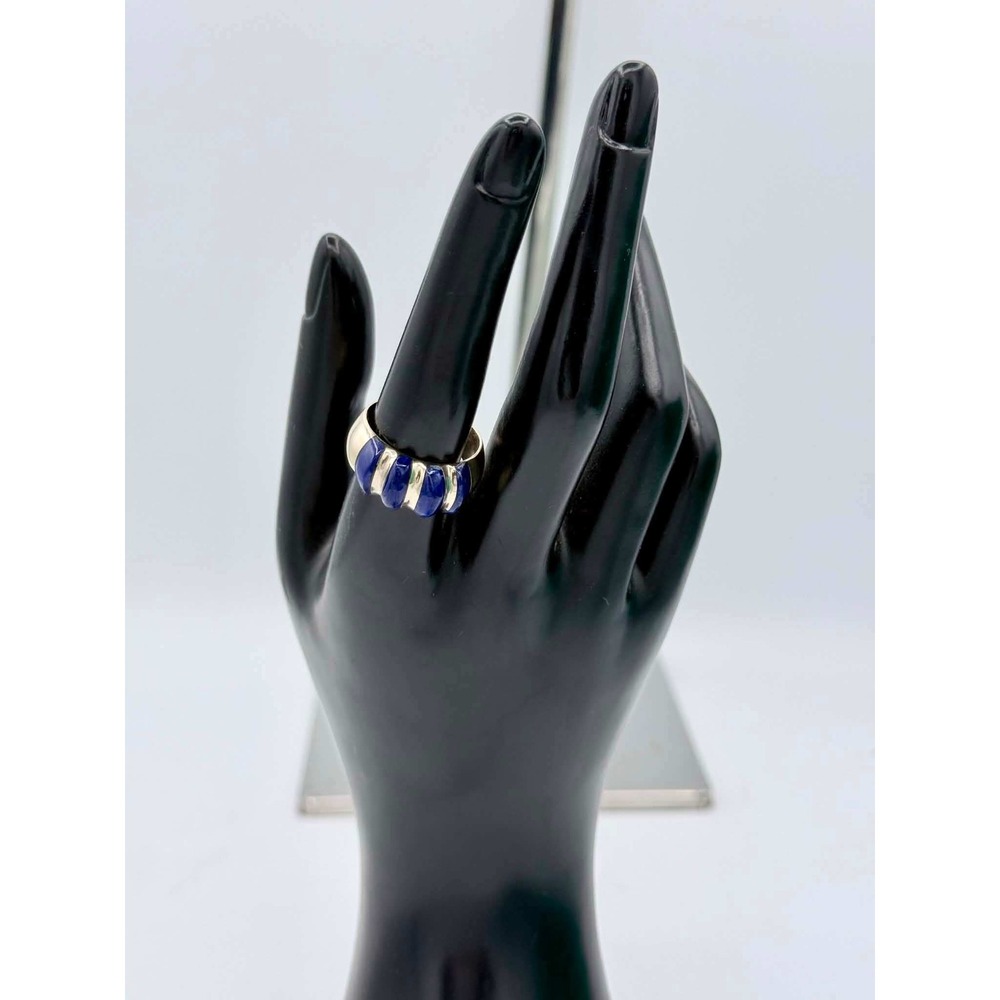 Vintage 950 Sterling Silver Lapis Lazuli Ribbed Statement Band Ring Size 9.25